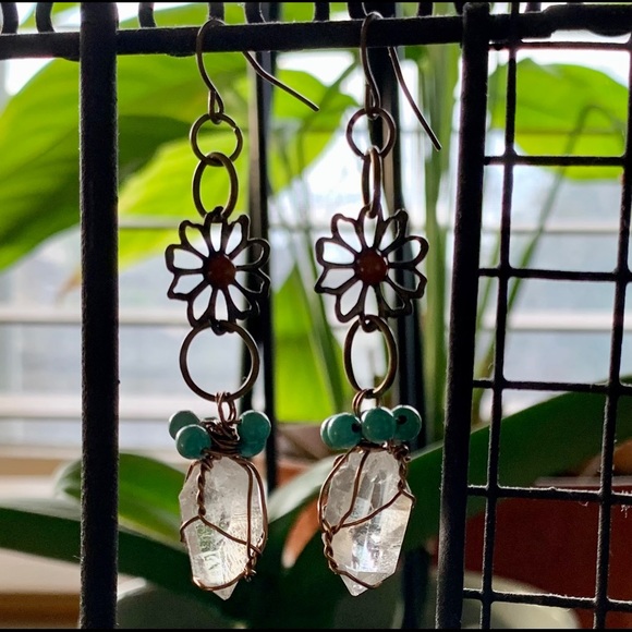 Quartz & Turquoise Brass Flower Earrings - Picture 5 of 13